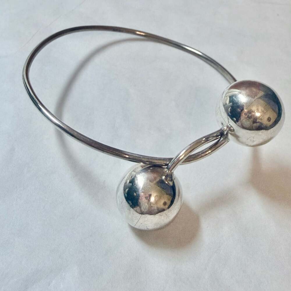 Vtg 1970'sSterling Silver 925 Bypass Double Ball Bangle Modernist Bracelet